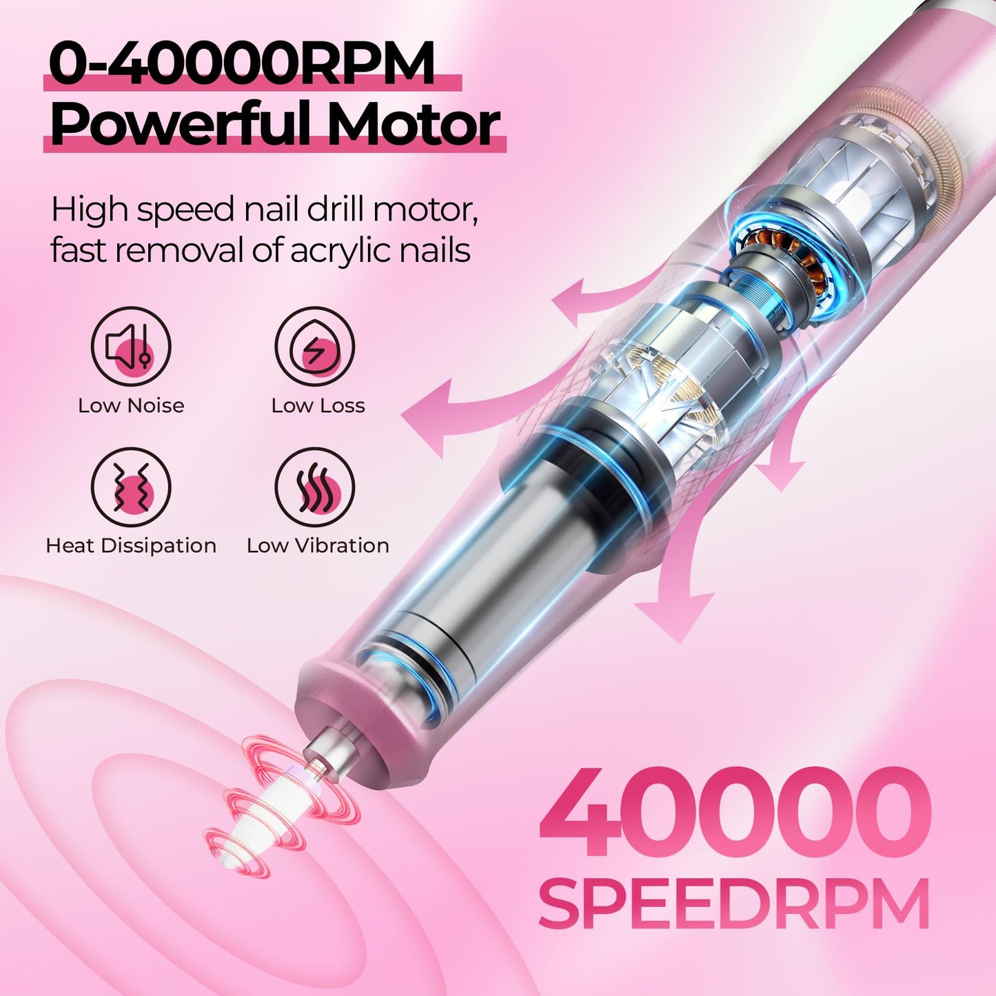 40000RPM Electric Nail File Drill Professional Kit, Drill Machine with LCD Display, Manicure Pedicure Polishing Acrylic Gel Nail Grinder for Salon, Home Use