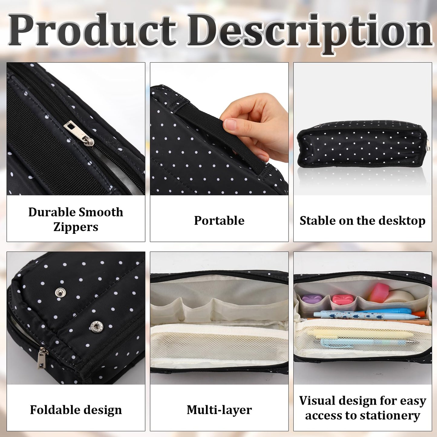 Gueevin Large Capacity Pencil Case Polka Dot Pen Pouch with Multiple Compartments Foldable Portable Pencil Case Black White Stationery Organizer Bag for Adults (Black)