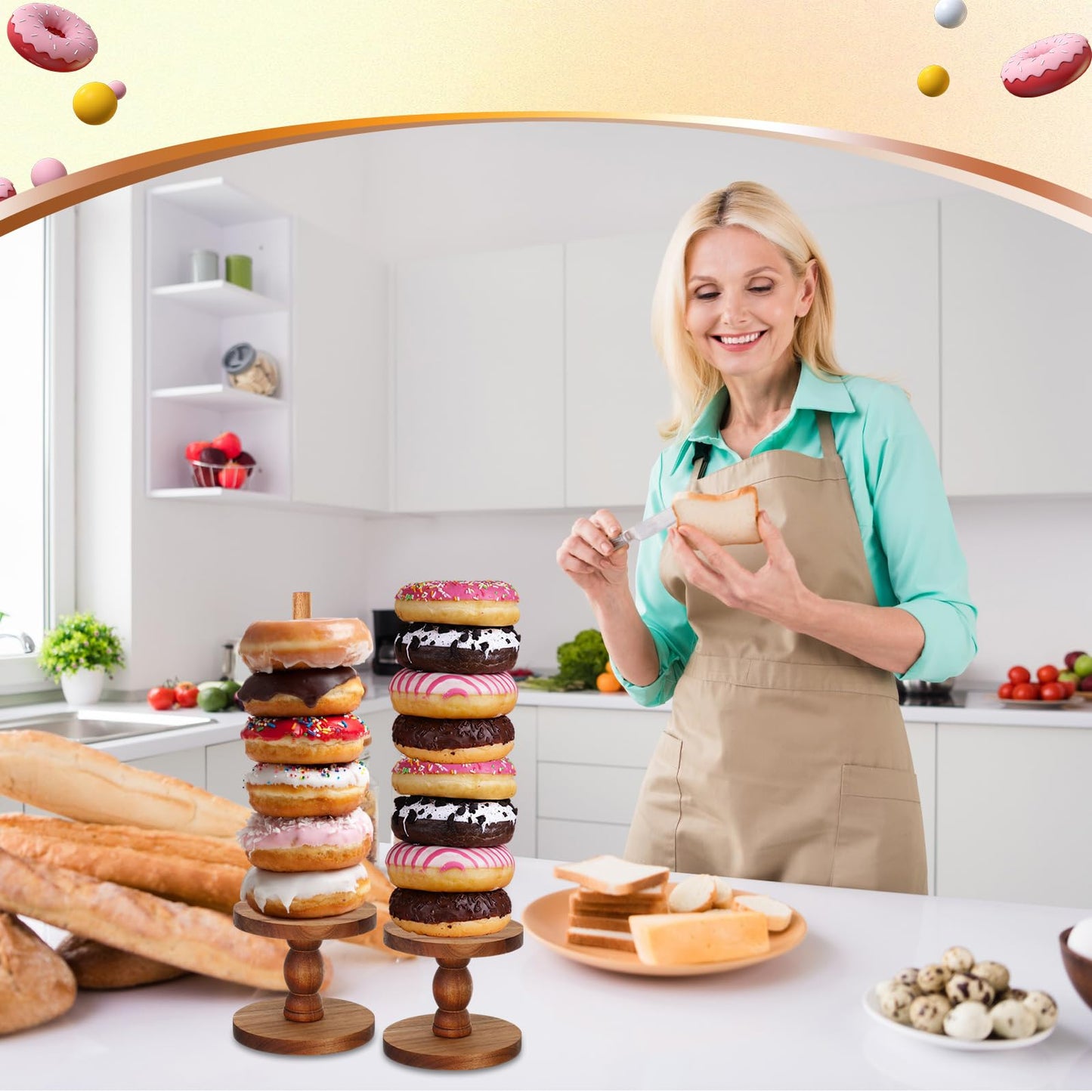 Zhehao 4 Pcs Farmhouse Donut Stand Donut Holder Display Stacker Tower Detachable Doughnut Stand Dessert Tower Tools Serving Decoration Kit for Birthday Wedding Party Decoration(Acacia Wood)