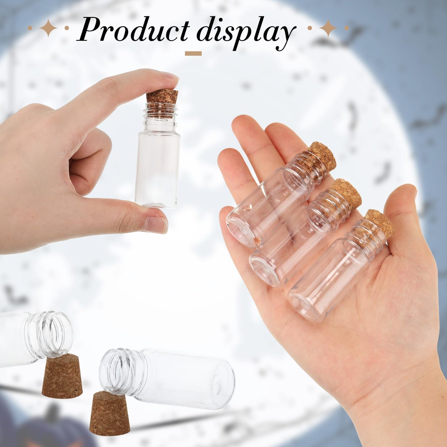 Bokon 36 Pack Mini Plastic Bottles with Corks Funnels Plastic Potion Bottles Tiny Clear Sand Art Jar Wishing Vial Witch Potion Jars for Decorations Birthday Party DIY Crafts Gift