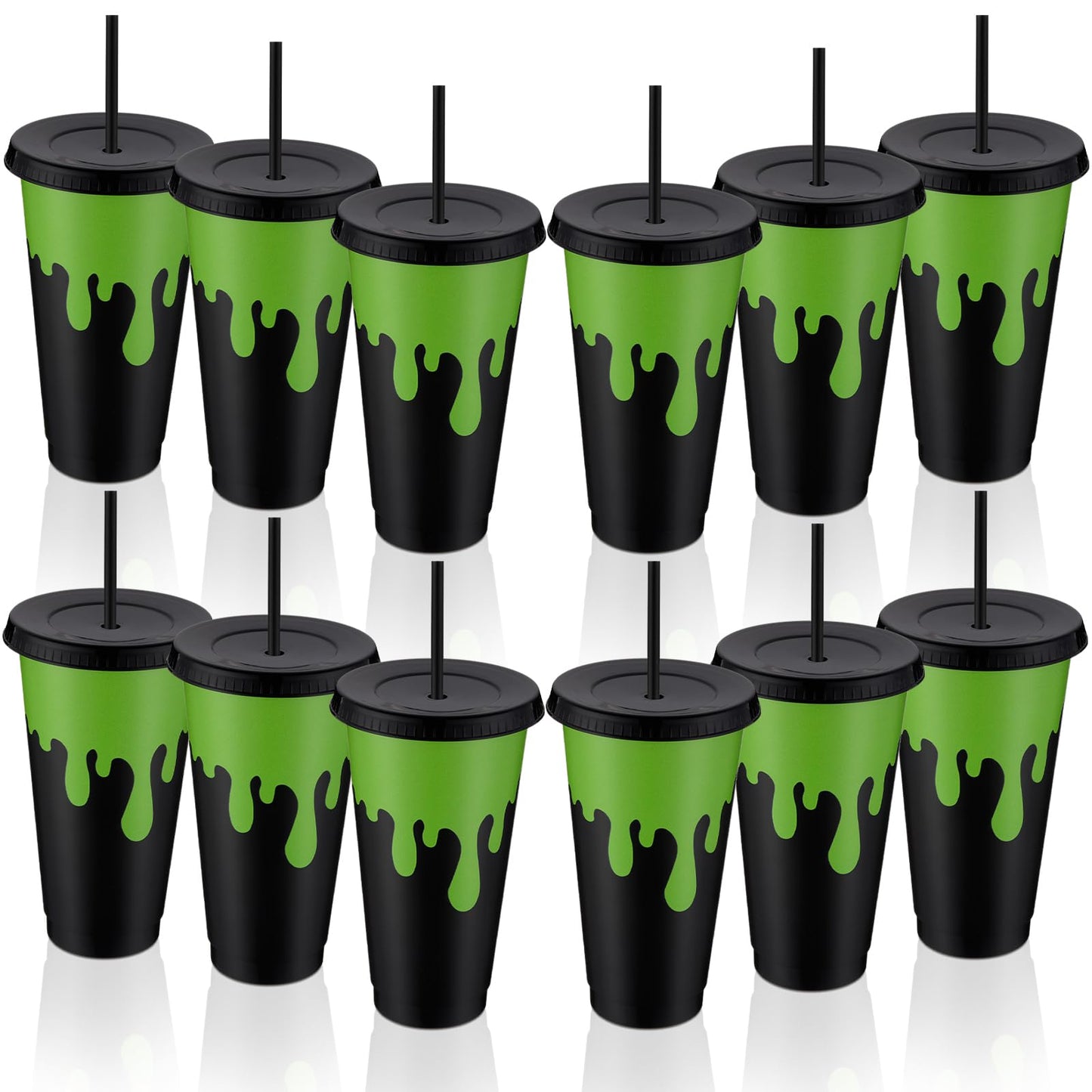 Acellegic 12 Pcs Halloween Party Decorations Green and Black Plastic Gifts Cups with Lids and Straws Reusable 24 oz Ghost Plastic Tumblers Bulk for Halloween Birthday Party Favors Decoration Supplies