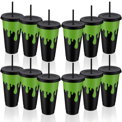 Acellegic 12 Pcs Halloween Party Decorations Green and Black Plastic Gifts Cups with Lids and Straws Reusable 24 oz Ghost Plastic Tumblers Bulk for Halloween Birthday Party Favors Decoration Supplies