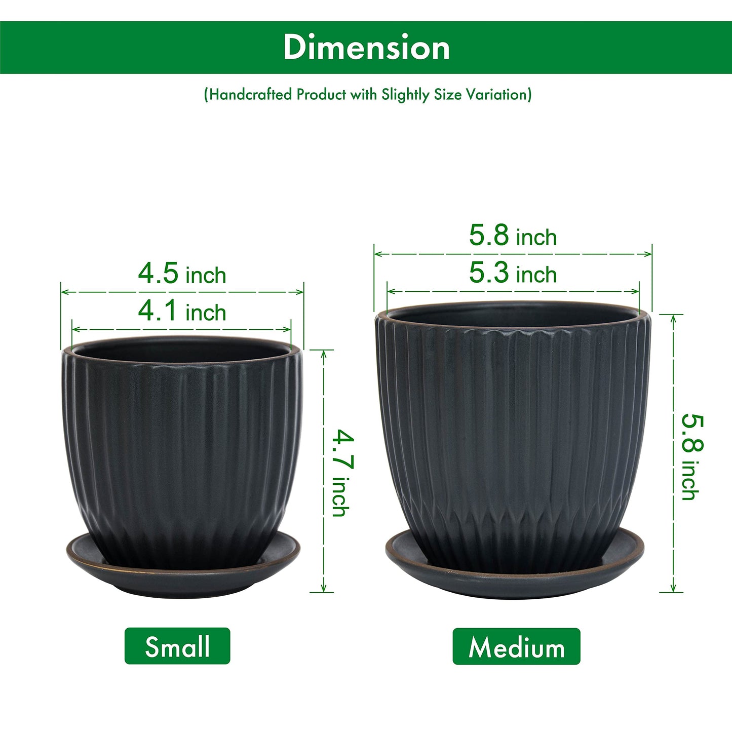 D'vine Dev Set of 2 Stoneware Planter Pot, Ceramic Pot with Drainage Hole and Saucers, 4.5 Inch 5.8 Inch, Charcoal Grey, 99-D-3