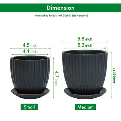 D'vine Dev Set of 2 Stoneware Planter Pot, Ceramic Pot with Drainage Hole and Saucers, 4.5 Inch 5.8 Inch, Charcoal Grey, 99-D-3