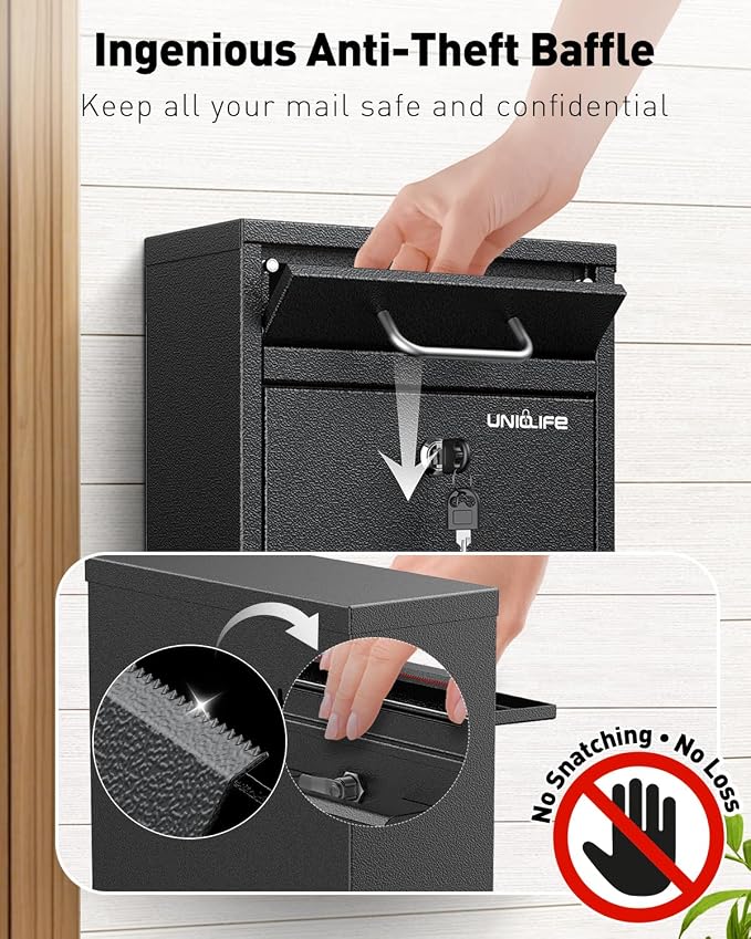 Uniclife Wall Mount Mailbox for Outside, Anti-Theft Heavy Duty Locking Mailbox, Large Mailbox with Key Lock, Security Mail Box, Safe Key Drop Box, Post Box, Steel Cash Drop Box for Home Office, Black