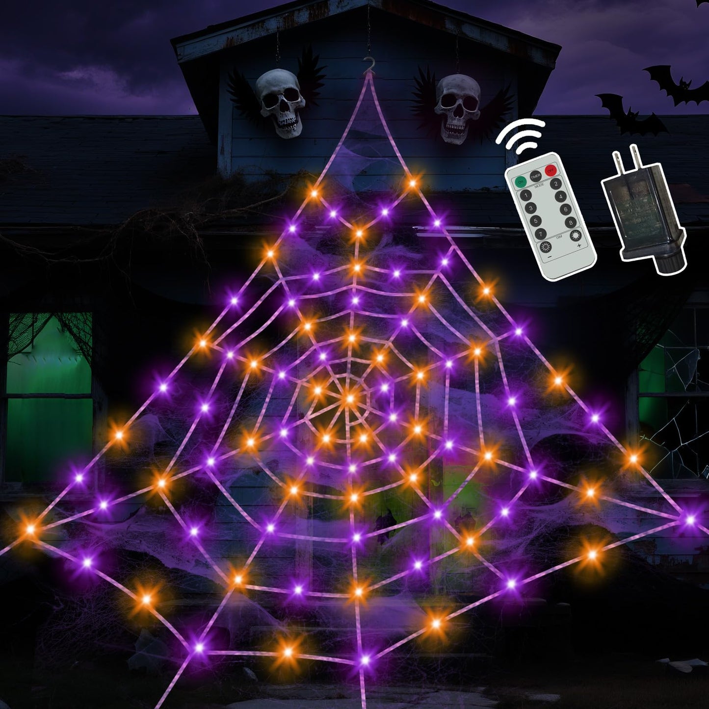 Spider Webs Halloween Decorations Outdoor, 260 Purple and Orange with 8 Modes Waterproof, Spider Web Decoration Outdoor Halloween Decor