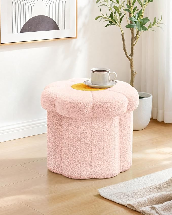 B FSOBEIIALEO Storage Ottoman Foldable, Sunflower Shaped Small Footrest Collapsible Folding Seat Bench for Bedroom Living Room Entryway, Faux Teddy Fur, Pink 12.6"x12.6"x11.4"