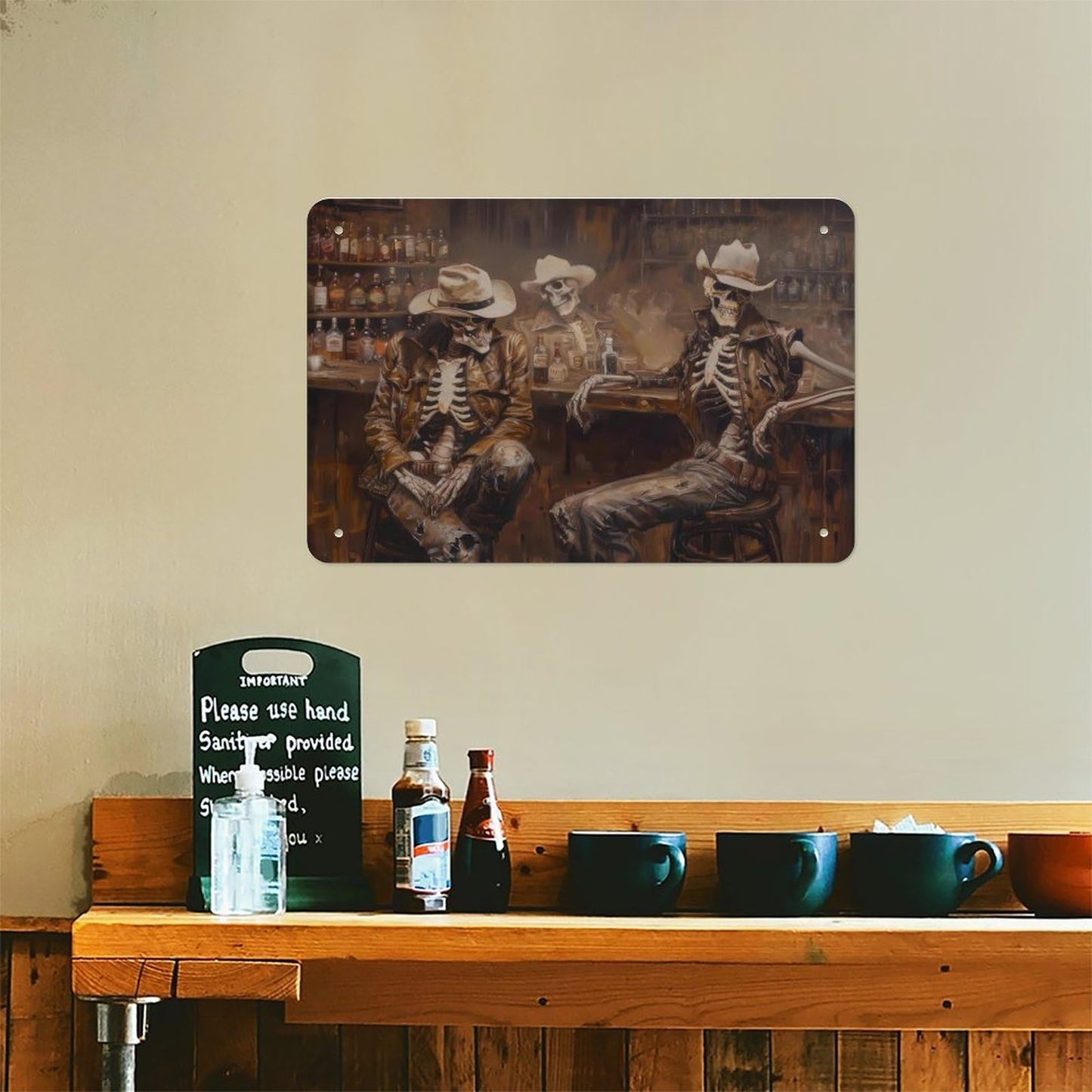 Metal Sign Poster 8x12 Inch Wild West Skeleton Cowboy in A Bar Oil Painting Print Western Wall Art Road Trip Gift Southwestern Cowboy Art Decor