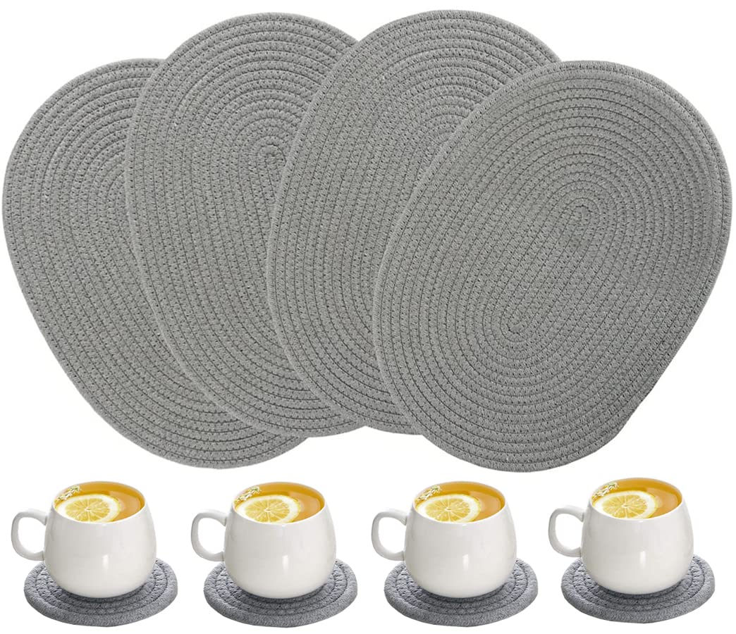 WENFOME 4 Pack Oval Woven Placemats, Gray Cotton Rope Braided Placemats with 4 Pack Round Fabric Coasters, Heat-Resistant Non-Slip Cotton Table Mats Charger Plates for Table Decoration (Gray)