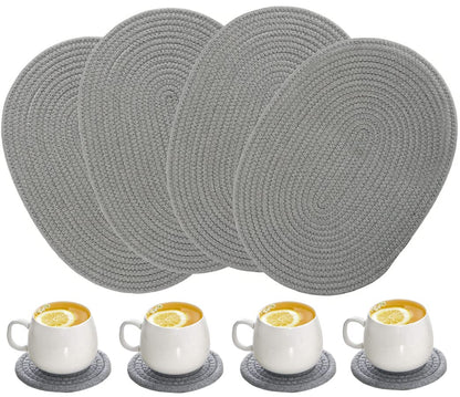 WENFOME 4 Pack Oval Woven Placemats, Gray Cotton Rope Braided Placemats with 4 Pack Round Fabric Coasters, Heat-Resistant Non-Slip Cotton Table Mats Charger Plates for Table Decoration (Gray)