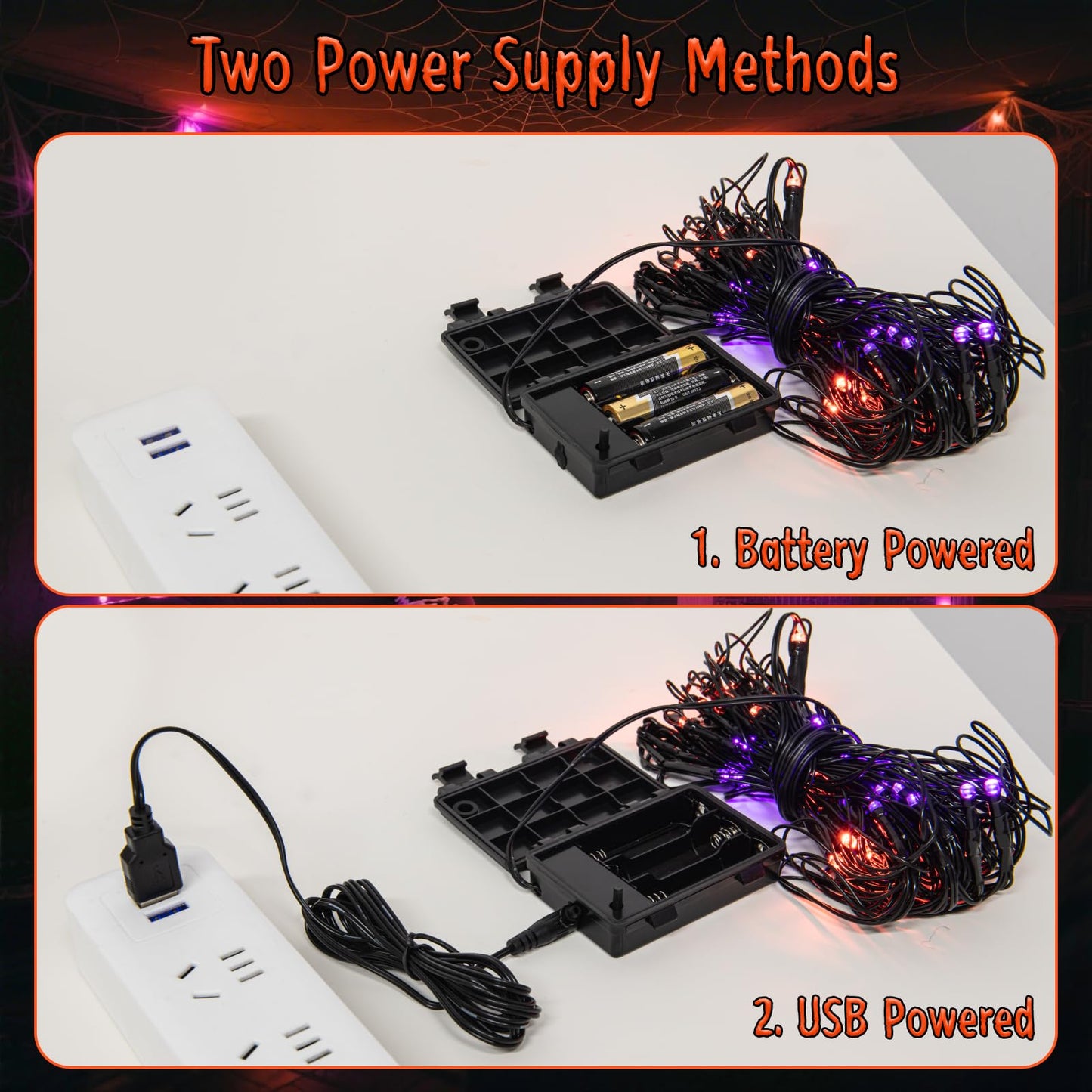 FFZZKJ Halloween Decorations Spider Web Lights 6FT 60LED Battery Operated/USB Powered with Black Spider with Timer 8 Modes Indoor Outdoor for Halloween Decor, Orange&Purple
