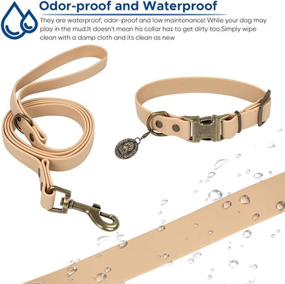 Wisedog Waterproof Dog Collar and Leash Set, XL, Sand Color | Adjustable Puppy Collar, Cute Tag, 6FT Dog Leash, Includes Poop Bag, For Small Medium Large Dogs