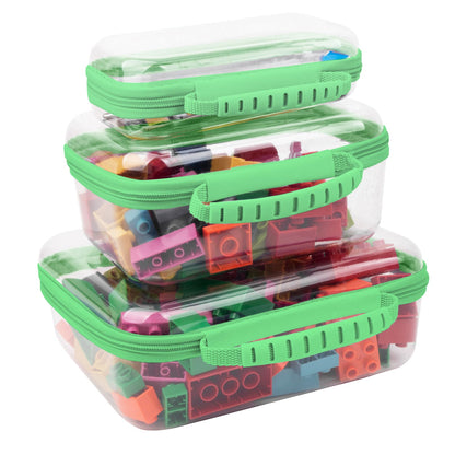 JeeVoya 3 PCS Clear Zipper Pouches with Handle, Diaper Bag Organizer, Clear Makeup Bags Hardshell Toy Storage Bins with Zipper Toiletry Pouch Bag for Cosmetics Pencils Puzzles, Building Blocks(Green)