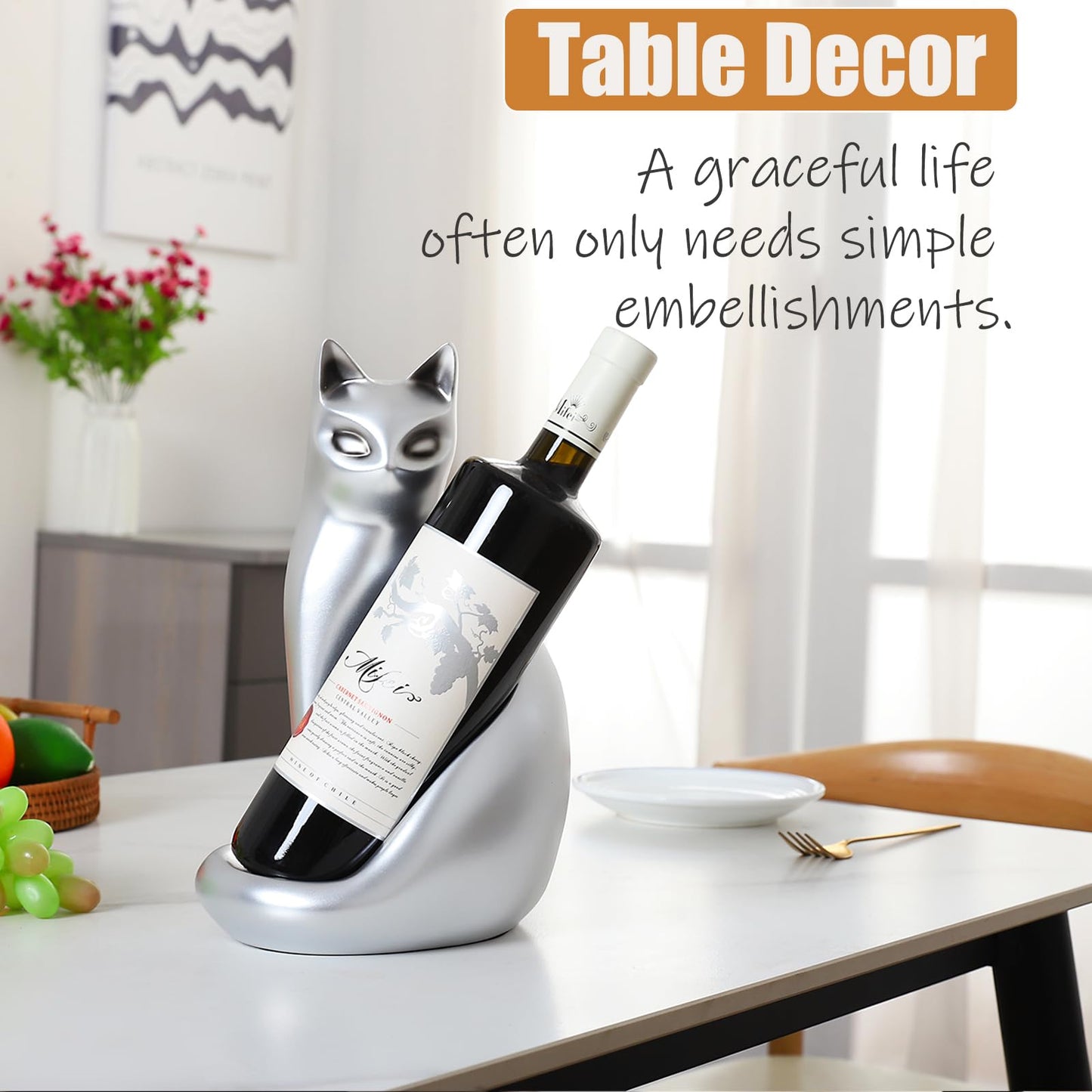 MAIHOM Tabletop Wine Rack Elegant Cat Shaped, Cat Decor Resin Wine Bottle Holder, Decorative Wine Storage for Home Bar, with Packaging for Cat Lovers Women, Silver