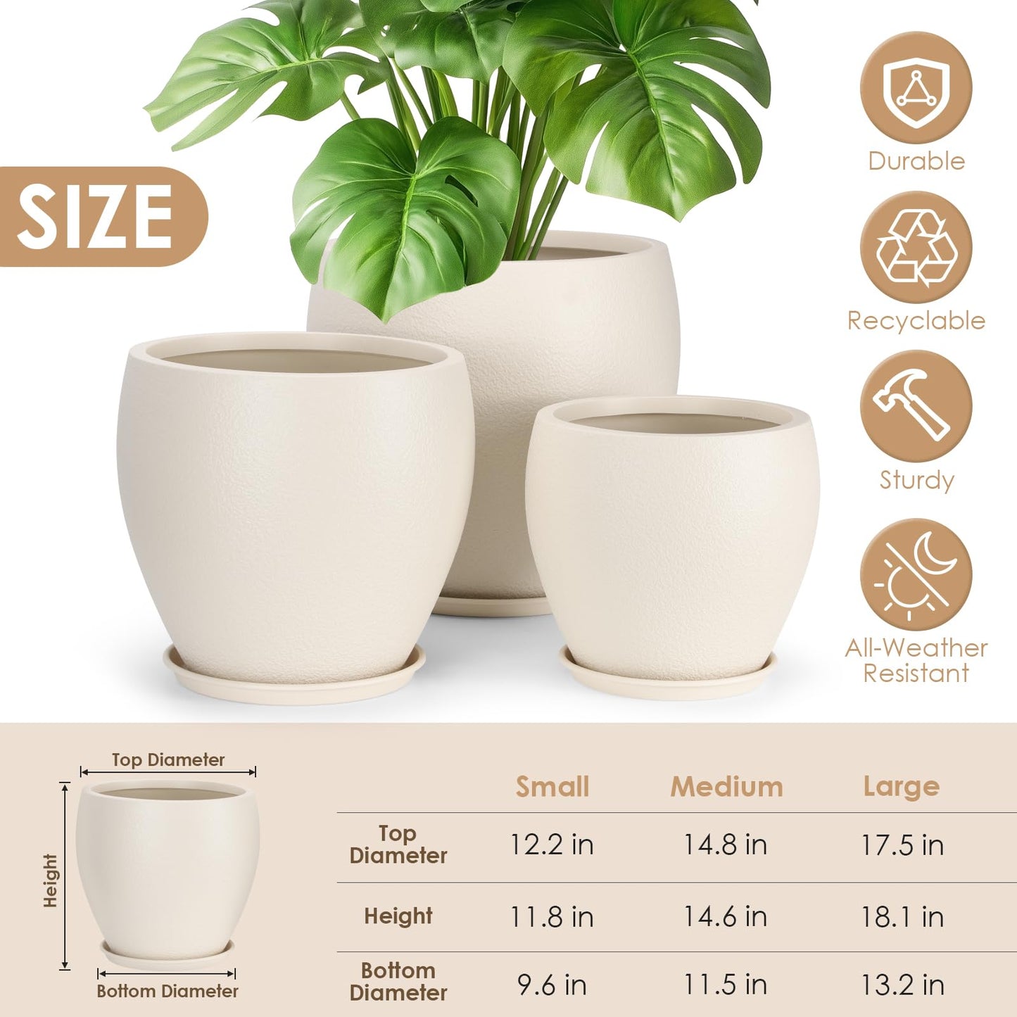YNNICO Plant Pots 17.5/14.8/12.2 inch Set of 3, Flower Pots with Drainage Holes, Large Planters for Indoor Outdoor Garden Plants and Flowers. (Light Beige)