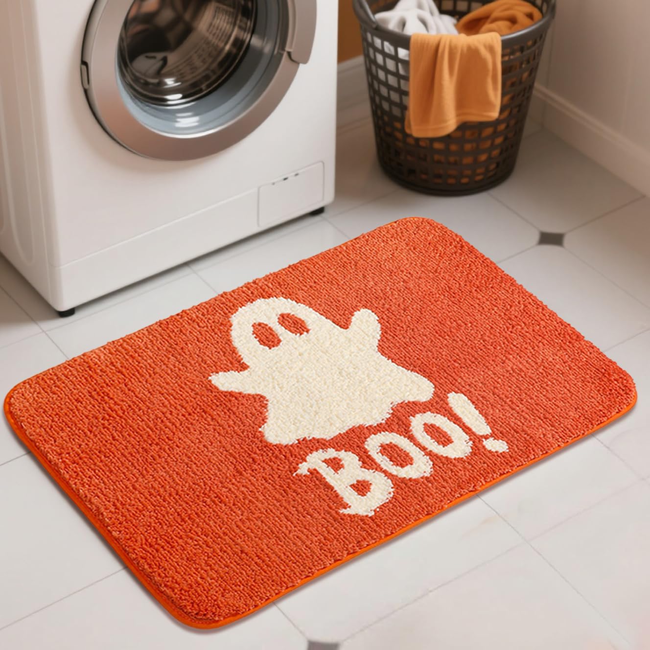 HONCO DIRECT 20x32 inch Cute Halloween Orange Ghost Bath Rug Ghost Bathroom Rug Non-Slip Floor Mat for Bathroom Rug Soft Absorbent Bath Tub Mat Room Halloween Decor Ghost Bath Mat