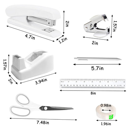 Dimonluce Office Desk Accessories, White Office Supplies Accessories with Tape Dispenser, Stapler, Staple Remover, 1000 Staples, Tape, Clips Set, Ruler, Scissor, Pen