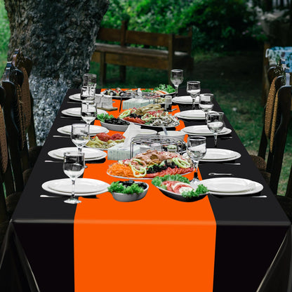 Oudain 12 Pcs Disposable Plastic Tablecloths 54" x 108" for Rectangle Tables Cloths Waterproof Table Cover for Graduation Wedding Baby Shower Birthdays Party Decoration (Orange,Black)