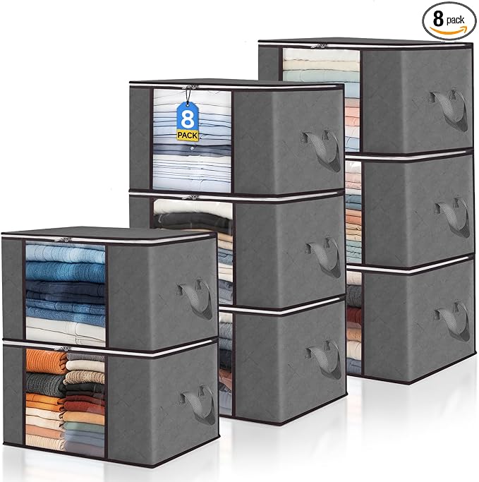 Pterying 8Pack Closet Organizers and Storage Bags with Clear Window & Reinforced Handle, Foldable Clothes Storage Bins with Zippers for Comforter, Blankets, Bedding