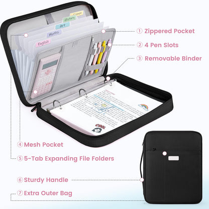 Sooez Zipper Binder Bag, 1.5 Inch Binders 3 Ring O-Ring, 5-Tab Dividers Expanding File Folder, 500-Sheet Capacity Three Ring Binder, Cute Organizer Storage for Student School Classroom Supplies, Black