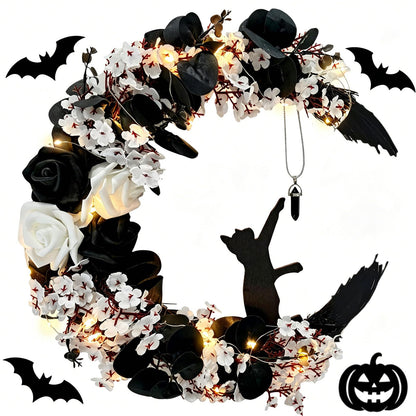 Halloween Wreath Moon Cat Black White Wreath Halloween Decor 13.7in×9.8in