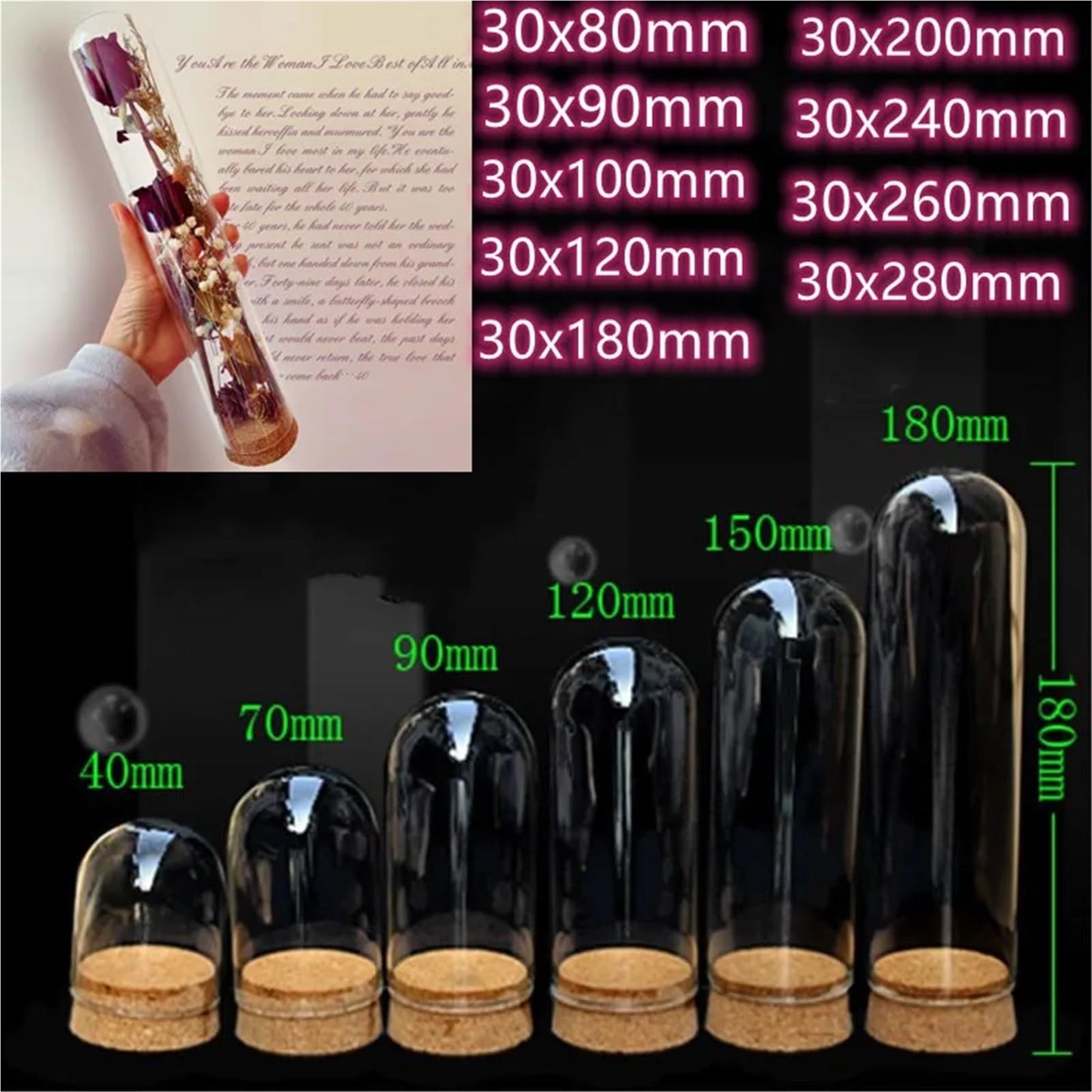 10X Da30mm Glass Bottle Terrarium Jar Cork Base Dome Dust Cover DIY Specimen Succulent Plant Micro Landscape Flower Vase Display(30x70cm)