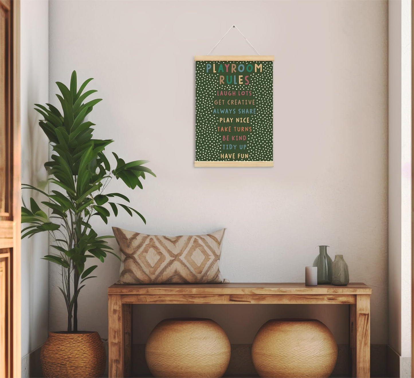 Playroom Kids Tollder Room Wall Decor, Play Room Rules Wall Decor for Kids Play Game Room Bedroom Nursery Home School Playroom Essentials, Canvas Hanging Banner Wood Poster Frameds(dark green)