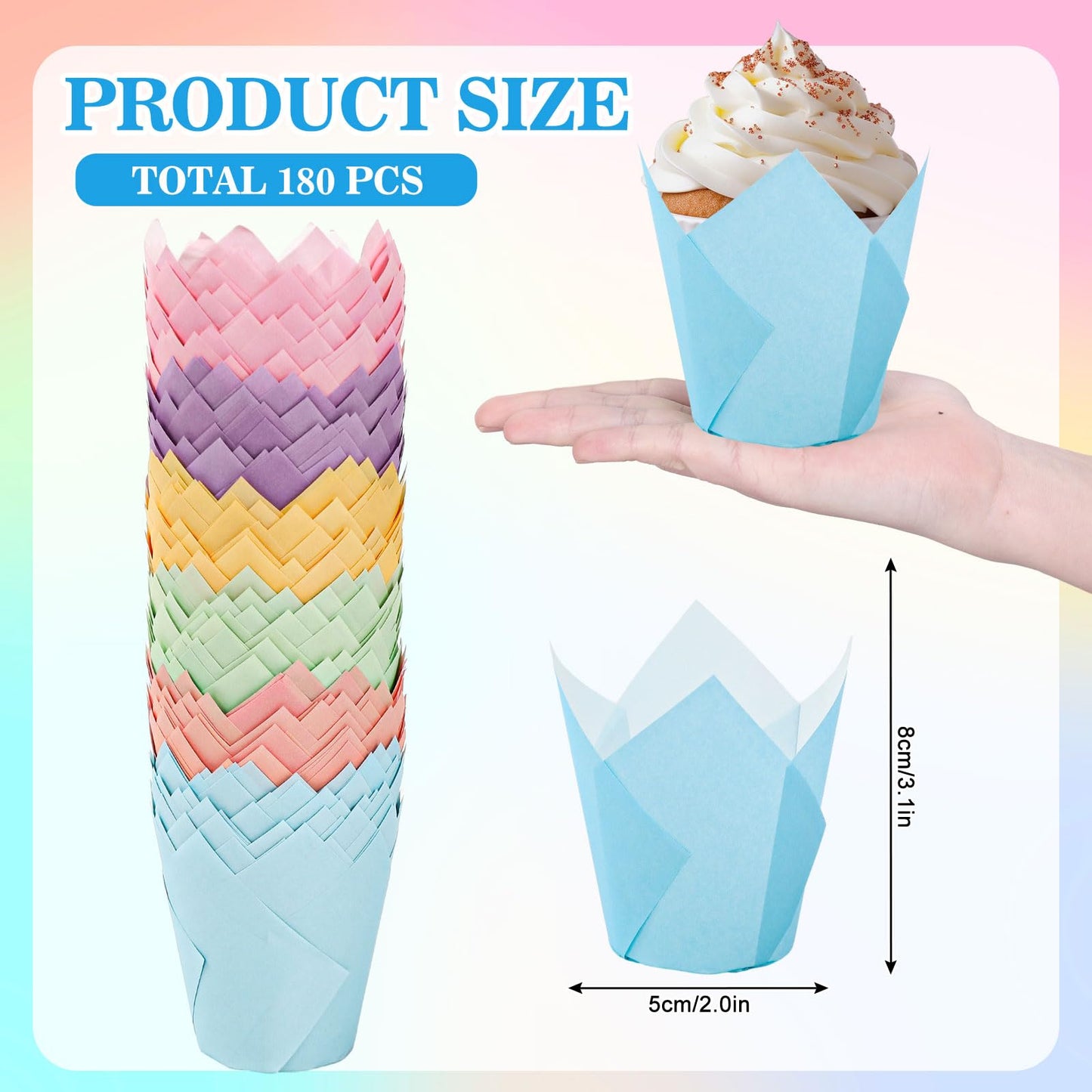 FYSUIMU 180Pcs Pastel Tulip Cupcake Liners Colorful Muffin Baking Cups Pink Blue Purple Yellow Orange Green Cupcake Wrappers for Spring Easter Holiday Party Supplies