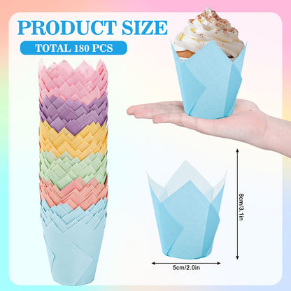 FYSUIMU 180Pcs Pastel Tulip Cupcake Liners Colorful Muffin Baking Cups Pink Blue Purple Yellow Orange Green Cupcake Wrappers for Spring Easter Holiday Party Supplies