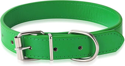 Green Soft Leather Dog Collar for Small,Medium, Large Dog, Comfortable and Adjustable(Wide: 0.95'' for Dog's Neck: 13''~18'', Green, L)