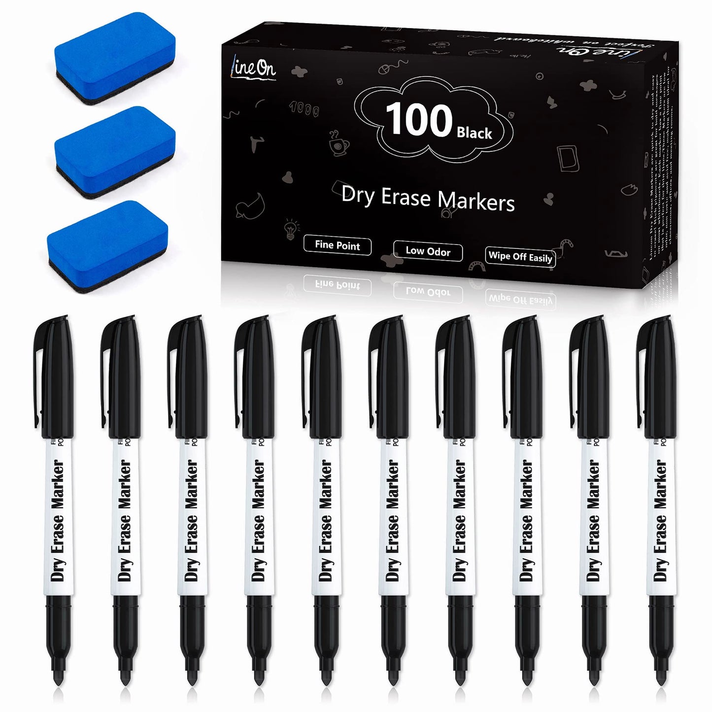 Lineon 100 Bulk Pack Black Whiteboard Markers with 3 Erasers, Fine Point Dry Erase Markers Perfect For Writing on Dry-Erase Boards, Glass for School Office Home