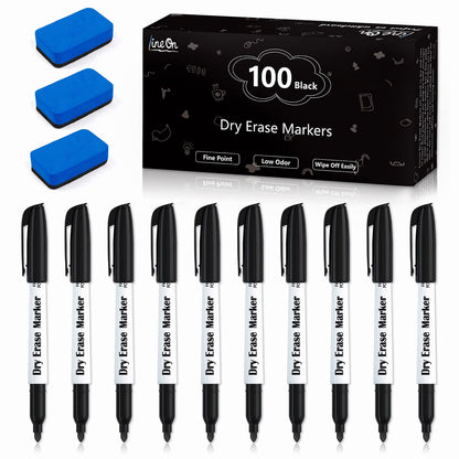 Lineon 100 Bulk Pack Black Whiteboard Markers with 3 Erasers, Fine Point Dry Erase Markers Perfect For Writing on Dry-Erase Boards, Glass for School Office Home