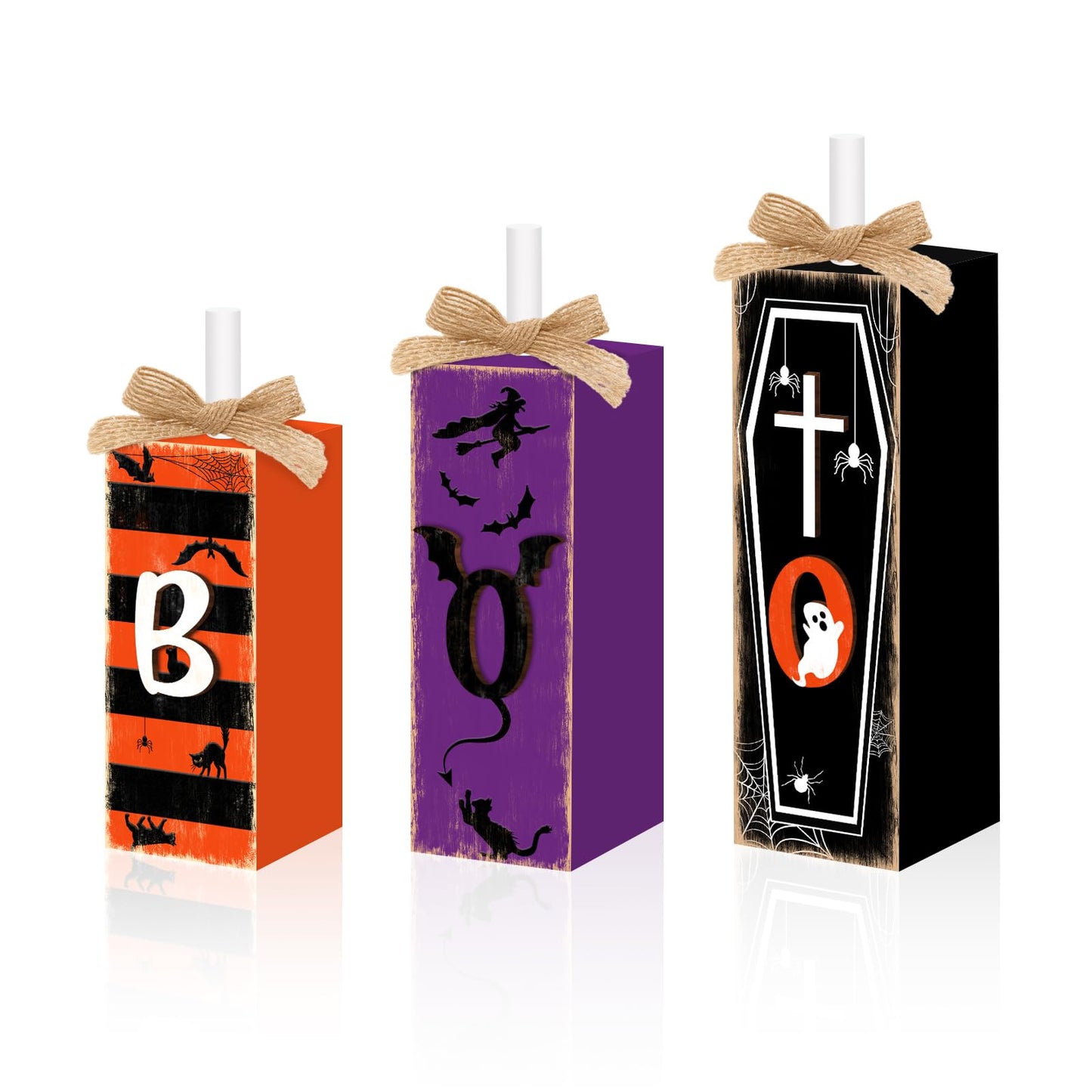 3 Pcs Boo Halloween Sign Wooden Tiered Tray Decor, Witch Black Cat Cross Coffin Table Decor 3D Carving Craft Halloween Decorations Party Tabletop Centerpieces for Home Kitchen Indoor Mantel