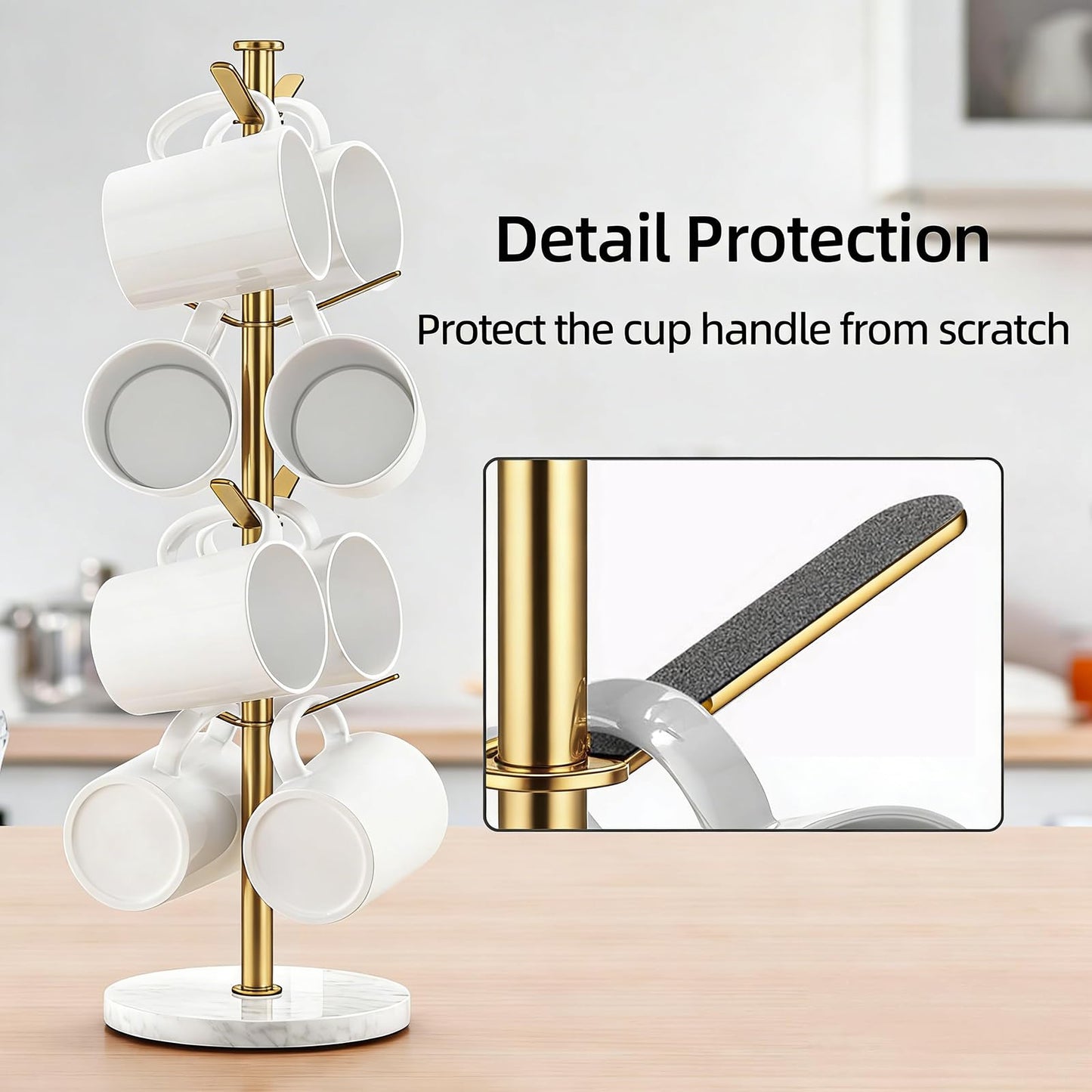 Gypie Gold Mug Holder Tree with Marble Base, 8 Hooks Coffee Cups Holder Stand, New Upgrad Stable Removable Mug Rack for Kitchen Cafe