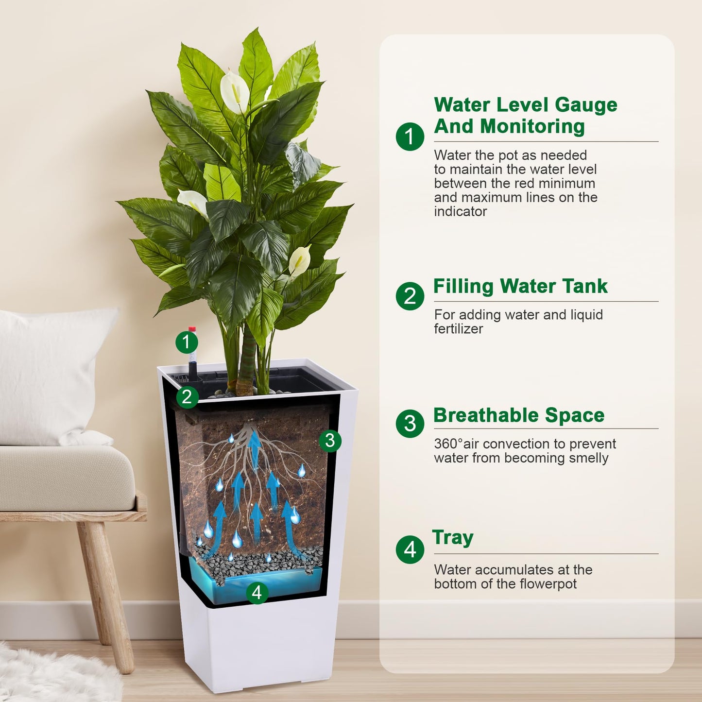 BouPower 22.5" Tall Planters for Outdoor Plants Set of 2 – High Front Porch Planter with Water Level Monitor, Drainage Holes, Inner Bucket – Ideal for Garden, Porch, Patio, Indoor & Outdoor