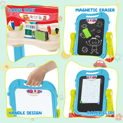 Toddler Art Easel for Kids, Double-Sided Magnetic Whiteboard & Chalkboard with Painting Accessories, Rotatable Easel Toy Gift for Boys and Girls