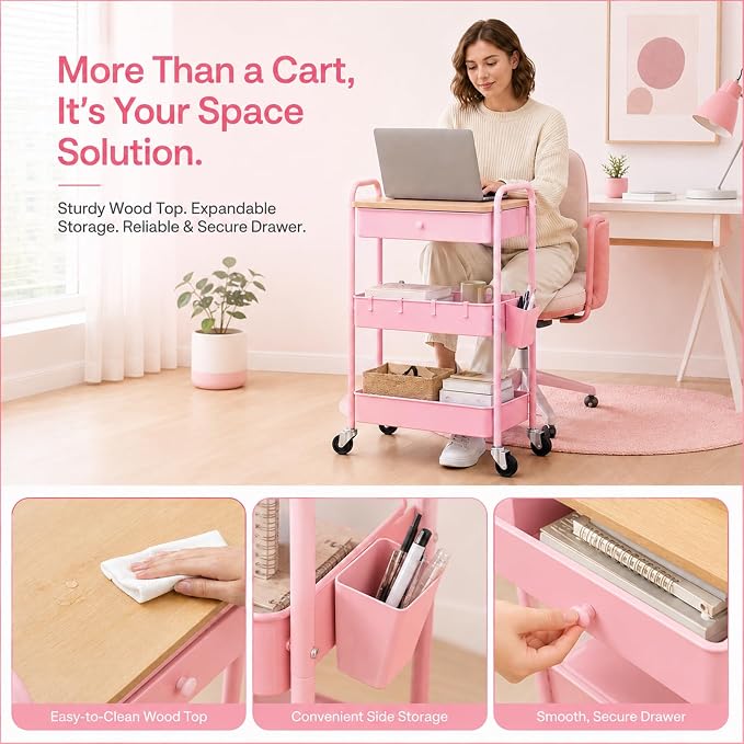 3 Tier Pink Rolling Cart with Drawer for Makeup Storage, Metal Utility Cart with Wheels, Make up Shelf Hair/Lash/Nail Polish/Skincare/Perfume Organizer, Floor Storage Vanity Carts for Bathroom,Salon