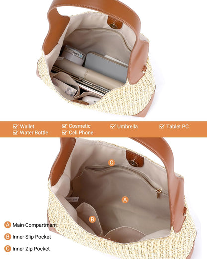 Herald Straw Woven Hobo Shoulder Bag for Women, Slouchy Medium Summer Beach Raffia Shoulder Handbag Tote Purse (Brown)