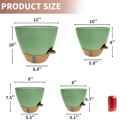 MNKXL 12"/10"/9"/8" Self Watering Pots with Visual Water Window,Extra Large Self Watering Plant Pots with Drainage Holes & Saucers,Green Planters for Indoor Plants,4-Pack