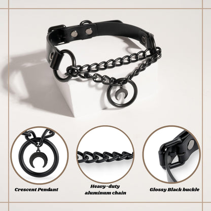 ADEMISHIA Black Gothic Chain Choker with O-ring and Moon Pendant, Punk Grunge Emo Leather Necklace For Women