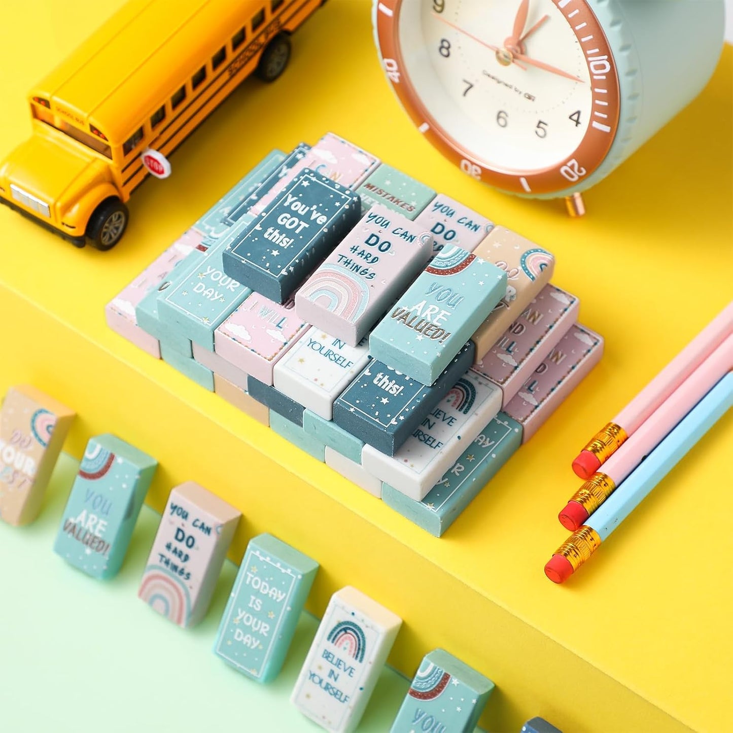 200 Pcs Back to School Inspirational Erasers Bulk Gifts Boho Everyone is Welcome Classroom Decor Fun Rainbow Motivational Pencil Erasers for Classroom Office Teacher Artists Prize Reward