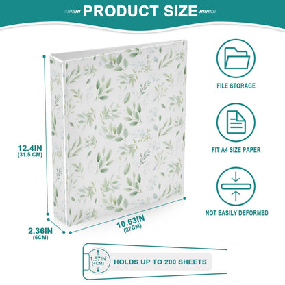 Eucalyptus Leaves Round Ring Binders 1.5 Plant Leaves Green White 3 Ring Clipboard Binder for Office School Work Supplies File Folder 200 Sheet Capacity Easy Open