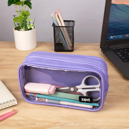 ZIPIT Half & Half Pencil Case for Girls, 3 Compartment Zipper Pouch for School, Stationery Bag for Teen and Adults, Purple