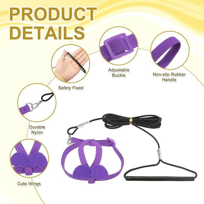 Bird Harness Leash, Adjustable Pet Parrot Bird Harness and Leash Lightweight Anti-Bite Flight Training Rope with Cute Wing, (Purple, M), Intended for Parrots/Pigeons/Budgies