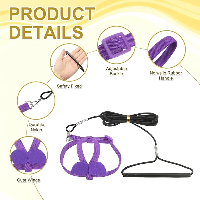 Bird Harness Leash, Adjustable Pet Parrot Bird Harness and Leash Lightweight Anti-Bite Flight Training Rope with Cute Wing, (Purple, S), Intended for Parrots/Pigeons/Budgies