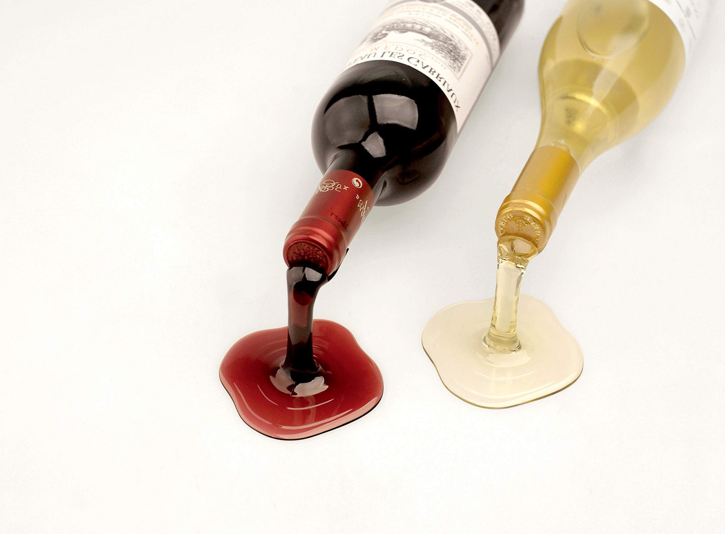 Spilled Wine Bottle Holder Set of 2 (Red & White) - Funny Novelty Wine Rack & Hostess Gift, Realistic Optical-Illusion Tabletop Wine Decor for Kitchen, Bar Cart & Dining Room