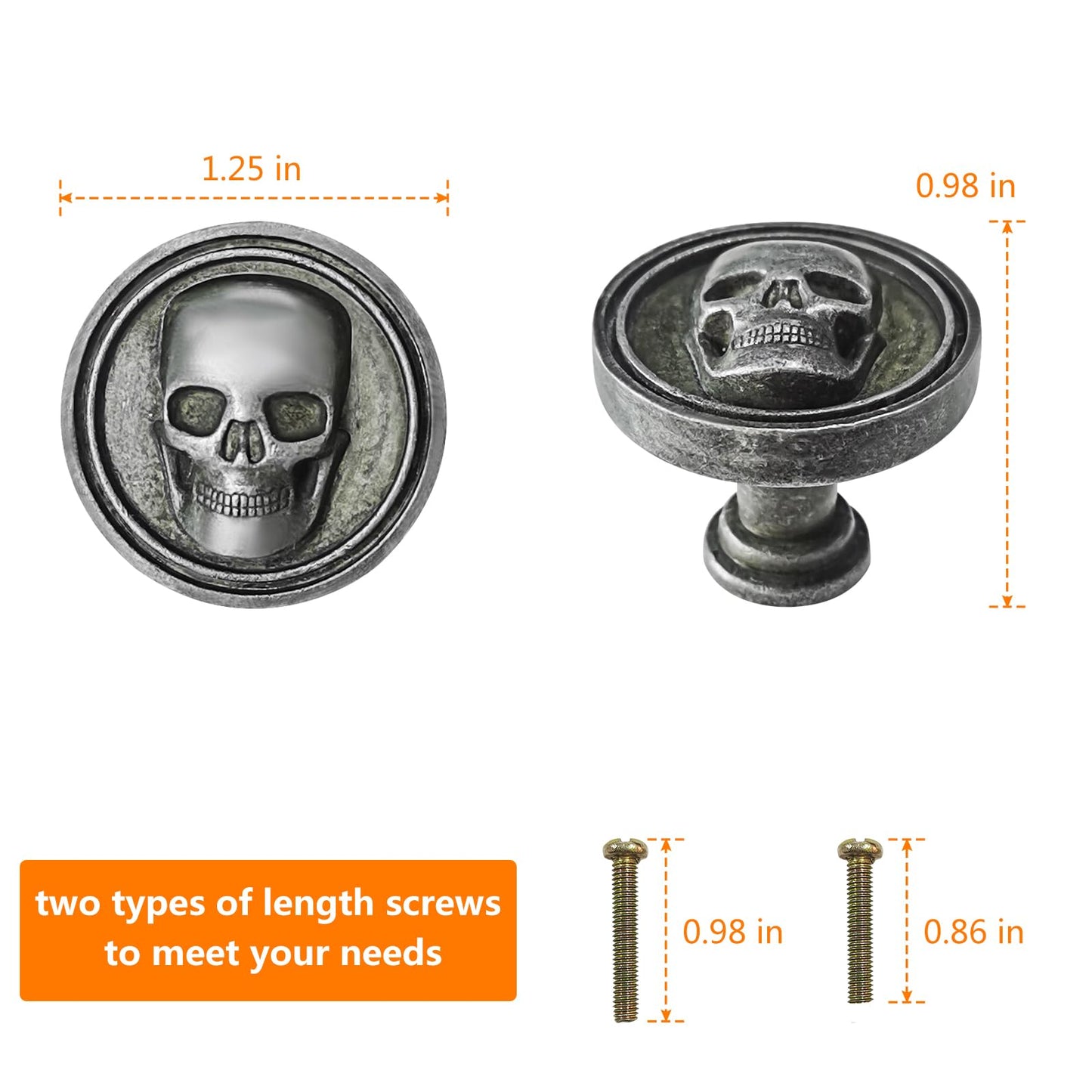 BAMI-LEE House 6PCS Vintage Skull Skeleton Cabinet Knobs - Single Hole Zinc Alloy Drawer Pulls for Kitchen, Wardrobes, Bookcases, Dresser, Closets (Ancient Tin)