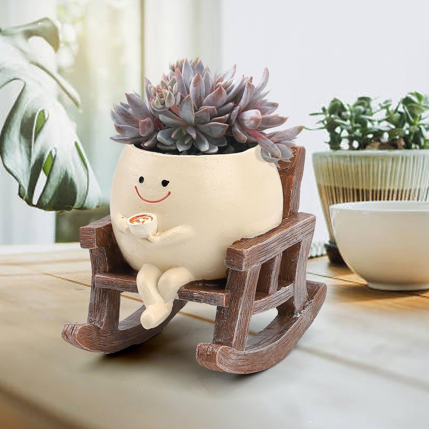 KIUGCO Smily Face Planter Pots for Indoor Plants, Cute Resin Flower Head Planters, Rocking Chair Succulent Flower Pots with Drainage Hole, Gift IdeaI for Birthday