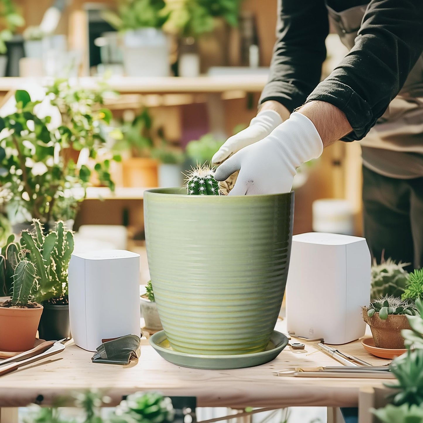 EPFamily Ceramic Pots for Plants - Modern Round 8 Inch Planter with Drainage Hole and Plant Saucer for Flower Indoor Outdoor, Home Decor, House Warming Gifts, Green