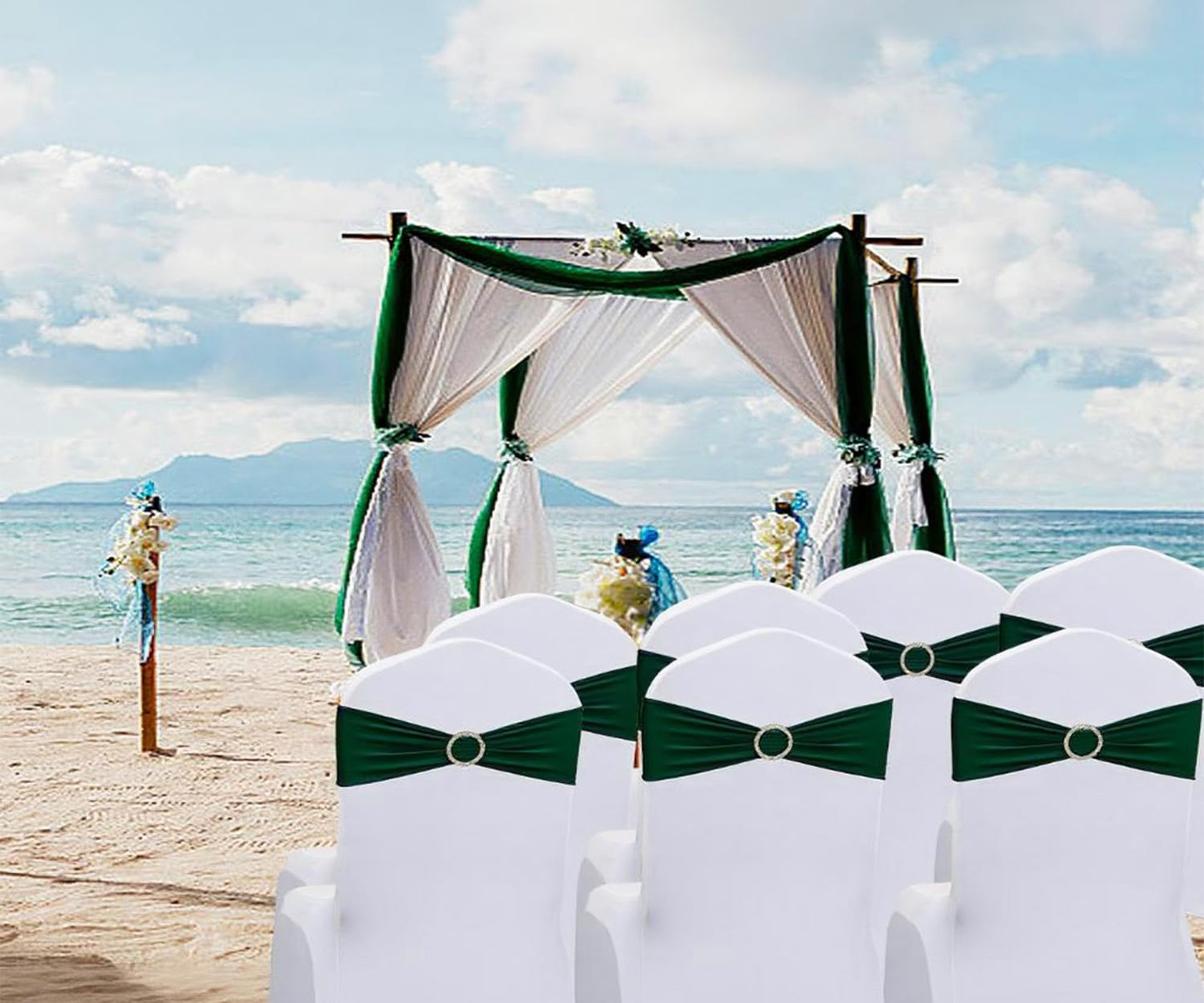 JKDMJF Stretch Spandex Hunter Green Chair Sashes Bows 50 Pack - Universal Chair Bands with Silver Buckle for Wedding Party Engagement Banquets Bridal Shower Events Decorations